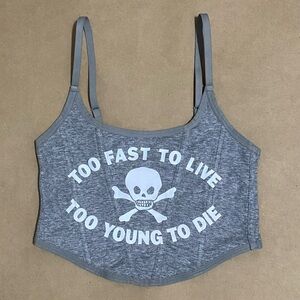 TOO FAST TO LIVE ☠️ TOO YOUNG TO DIE heather grey ribbed corset cami tank top